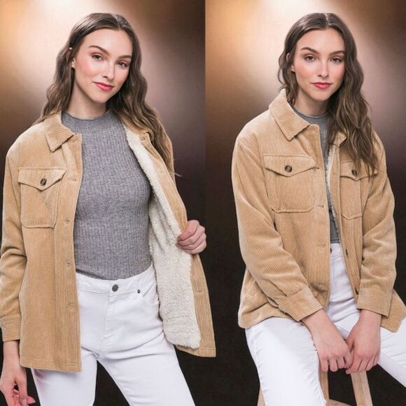 Tan Corduroy Button Up Jacket - Sherpa Lined Size Large NWT - Love Tree - Picture 2 of 13